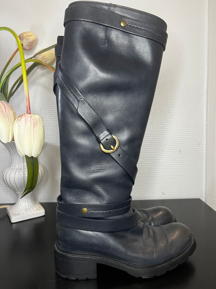 Hogan Bottes Marron vintage en cuir bleu marine avec brides et détails dorés - photo numéro 3