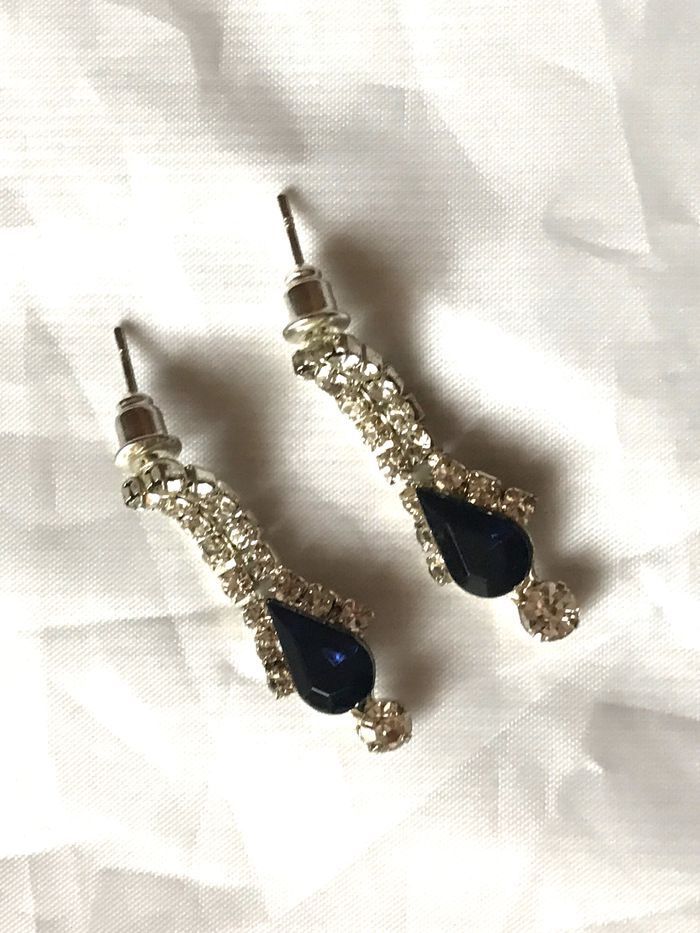 Parure Collier Ras du Cou Tombant Boucles Oreilles Forme Gouttes Bleutées Strass - photo numéro 4