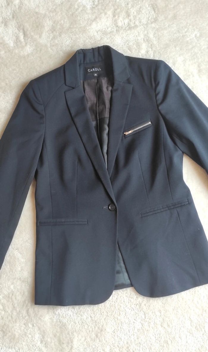 Veste Blazer Caroll bleu marine 38 un bouton poche zip laine, polyester et élasthanne - photo numéro 6