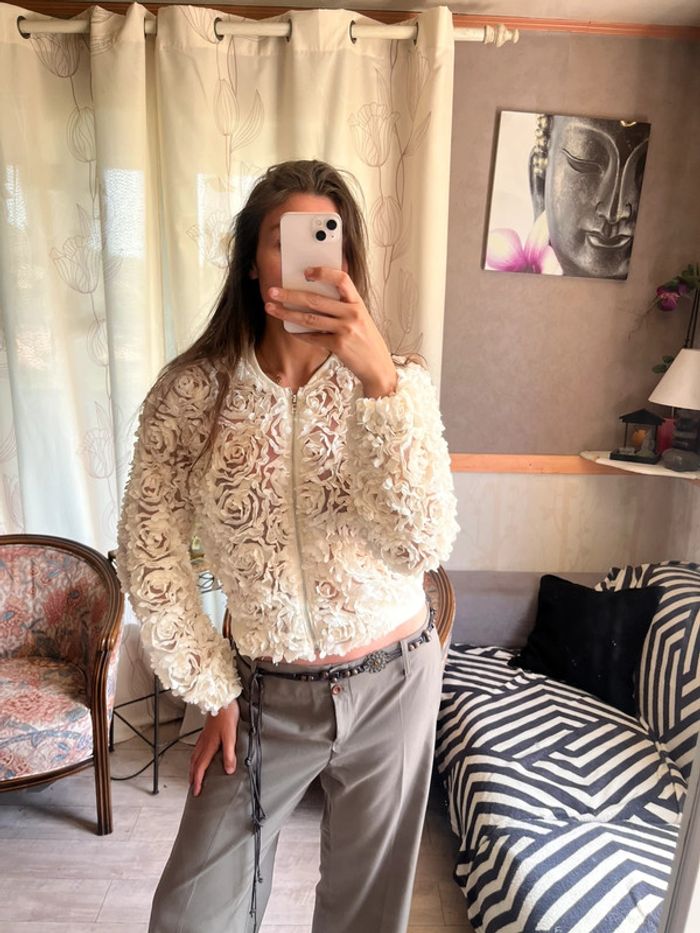 Veste bomber bombardier fleurie à froufrous zip drip vintage y2k 2000yer - photo numéro 2
