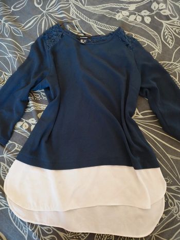 Tee-shirt léger manches 3/4 bleu et blanc dentelle 40