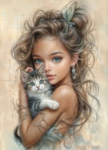 Grand Diamond painting fillette cheveux longs et chaton Z085