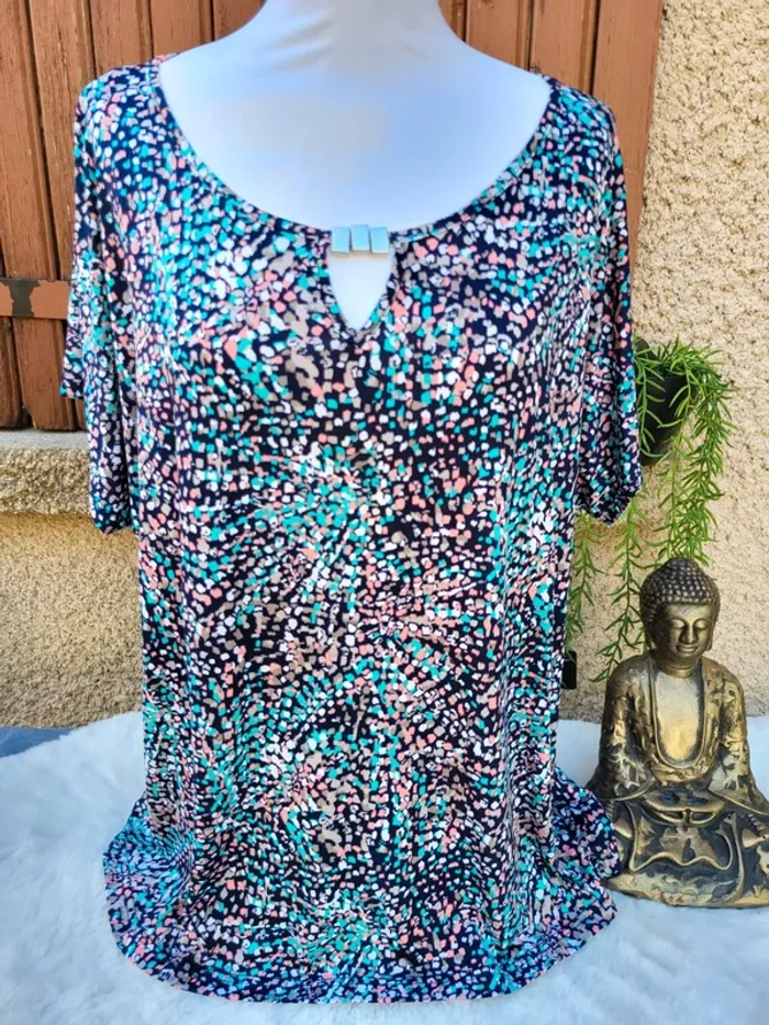 Blouse fluide tacheté bleu marine multicolore la maison du jersey taille 52 - photo numéro 2