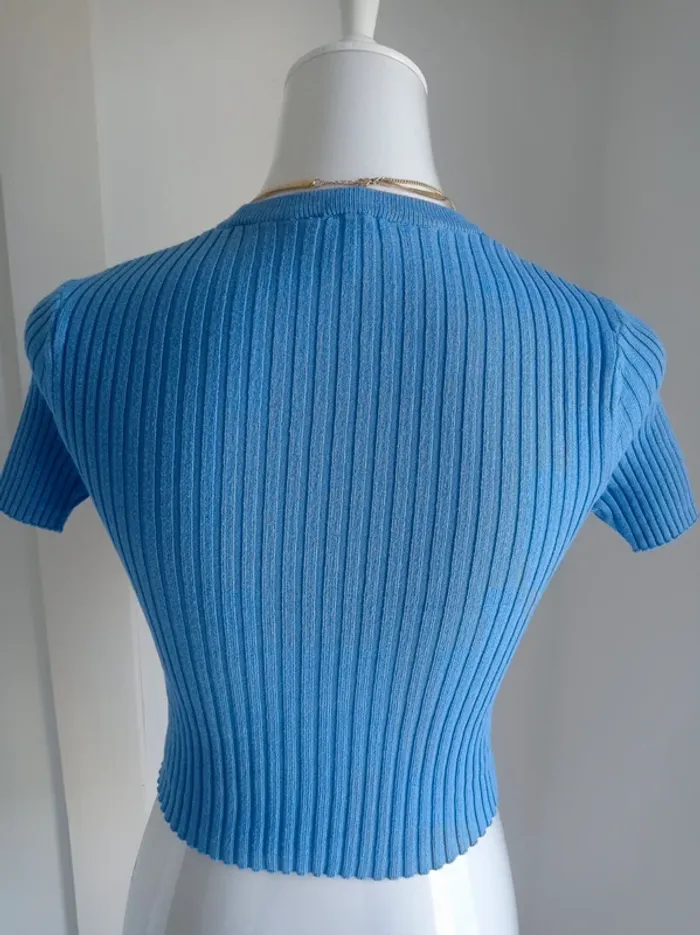 Haut crop top beau bleu côtelé manches courtes T.M Jennyfer - photo numéro 3