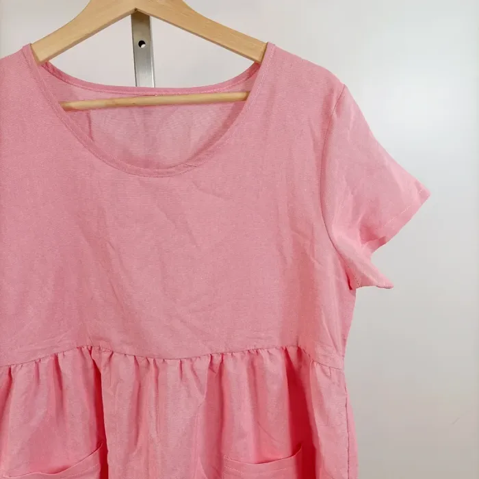 Robe rose à rayures fines coupe babydoll manches courtes col rond taille 2XL A878 - photo numéro 2