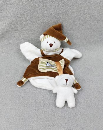 Doudou et Compagnie plat marionnette ours blanc marron rayures et son ourson TBE