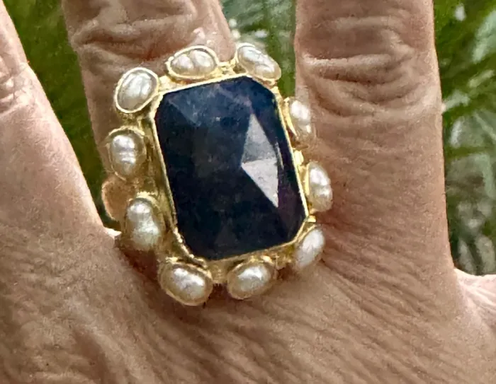 Grosse bague habaha Paris lapis-lazuli perles d’eaux douces acier inoxydable or - photo numéro 3