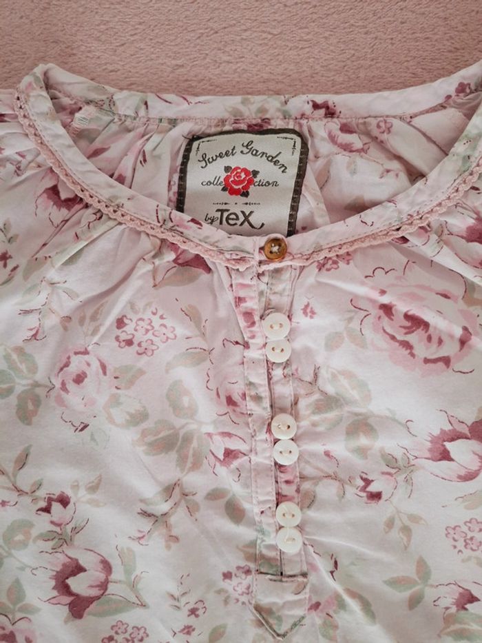 Blouse chemisier manches longues 10 ans Tex blanche motifs fleurs roses - photo numéro 2