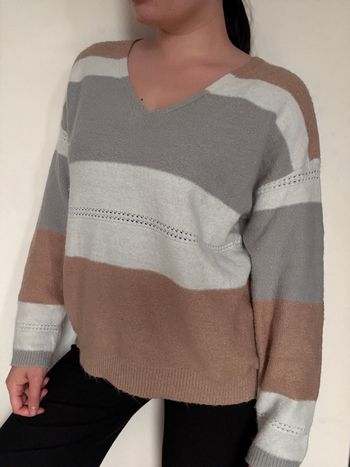 Pull col V rayé gris beige blanc Sheilay XXXL - cocooning oversize