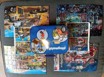 Puzzle Playmobil x4, chantier, chevalier, safari, pompier