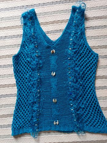 Top débardeur maille t.36/38/40 bleu avec perles