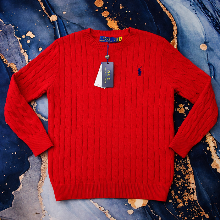 Pull Ralph Lauren rouge col rond torsadé logo brodé noir taille M - photo numéro 7