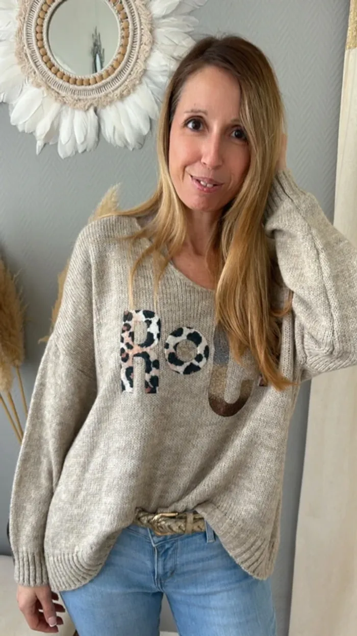 Pull marron-beige avec inscription Rock léopard -Taille unique