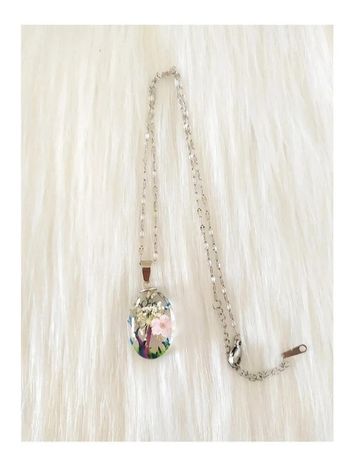 Collier arbre fleurs séchées résine verre chaîne acier inoxydable style nature bohème