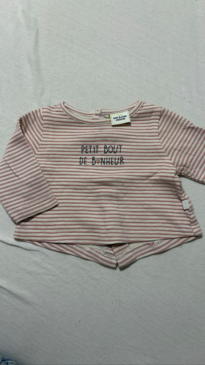 🌸 Pull beige à lignes roses « Petit bout de bonheur » – Tape à l’œil – 3 mois