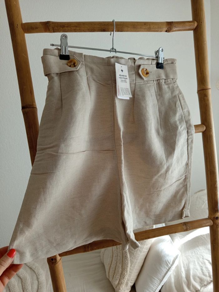 Short en lin beige taille élastique Camaïeu neuf avec étiquette