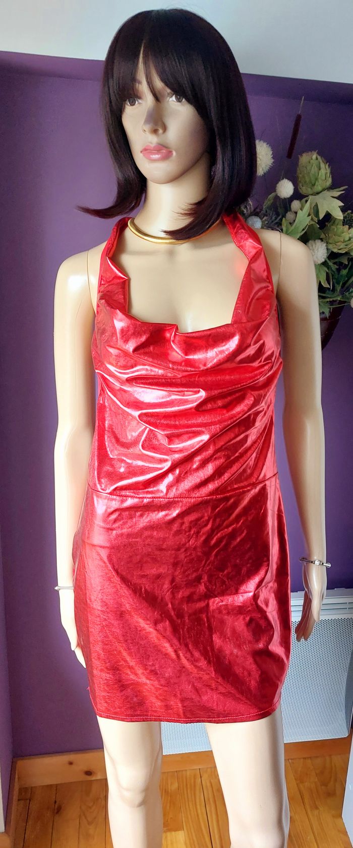 Robe dos nu rouge et argent métallisé, très glamour Taille L 40 - photo numéro 2