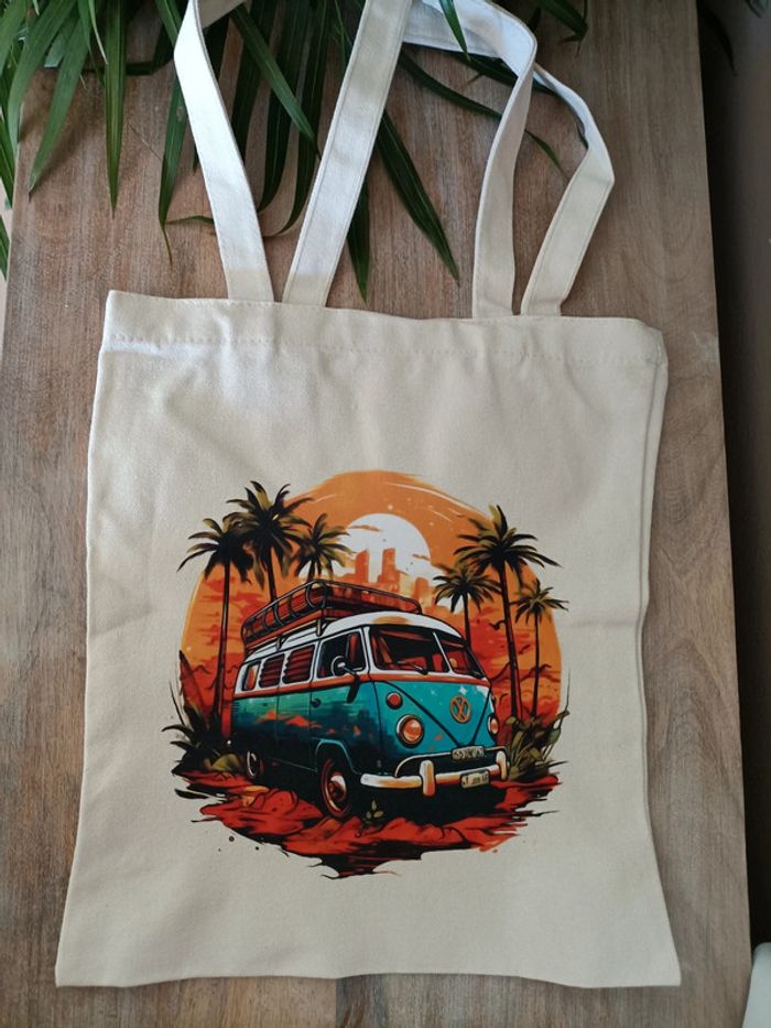 Tote bag Sac en toile beige écru imprimé Plage Surf - photo numéro 4