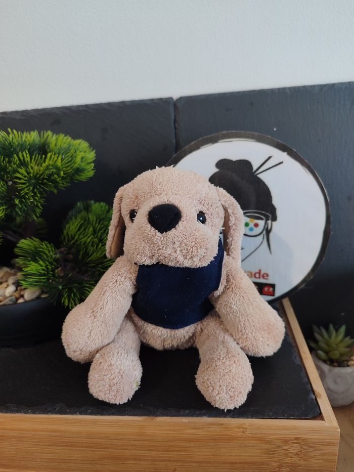 doudou peluche chien marron beige gilet bleu marine P perfectel noir ancien 3463