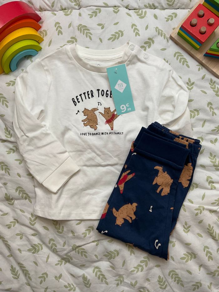 pyjama 2 pièces en coton motifs ours blanc et marine 18 mois tex - photo numéro 3