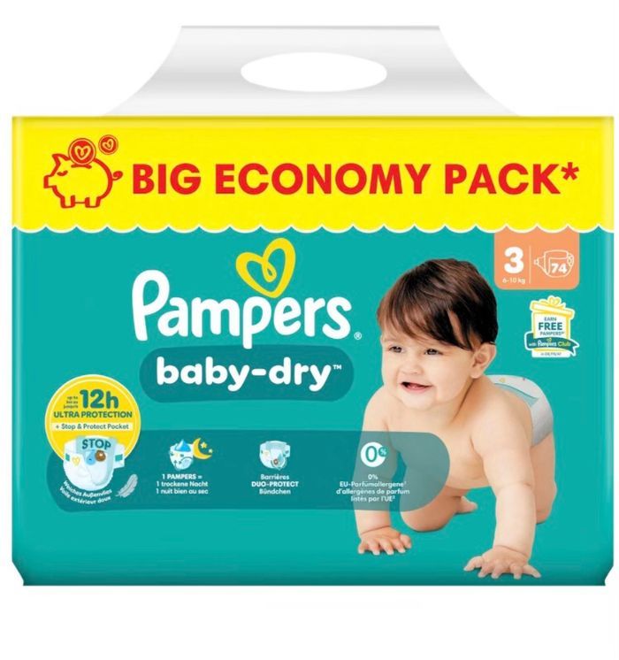 124 couches/2 paquets couches Pampers baby dry taille 3 - photo numéro 1
