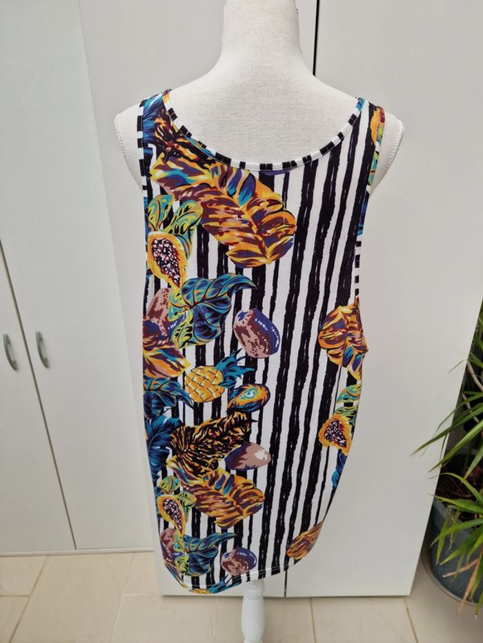 Debardeur Oversize Rayures Blanches Noires Imprimé Ananas Feuillages Papayes Multicolore - photo numéro 7