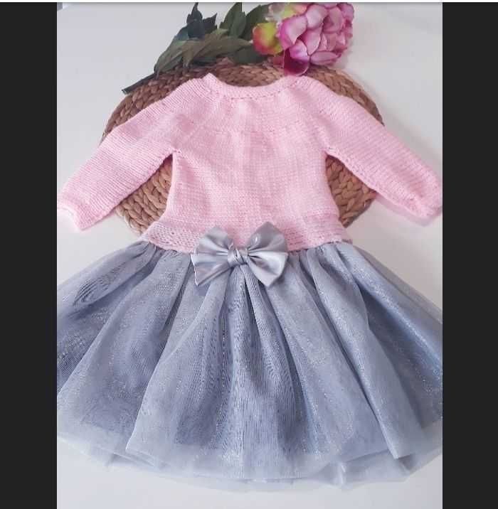 Vêtement ensemble robe fleurie tricot fait main bébé fille 1 an - photo numéro 3