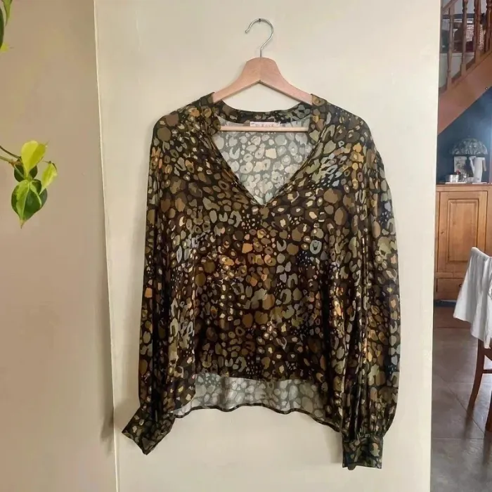 Blouse fluide imprimé léopard doré noir marron Please Taille M manches longues légères Italy V006