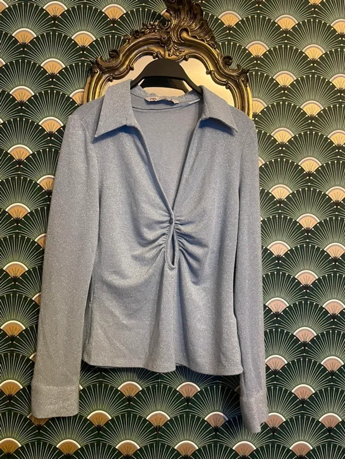 Blouse pull en lurex paillettes bleu Zara taille L - photo numéro 2