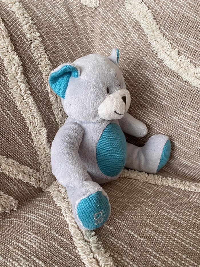 Peluche doudou 23cm Obaïbi ours gris et bleu très bon état - photo numéro 2