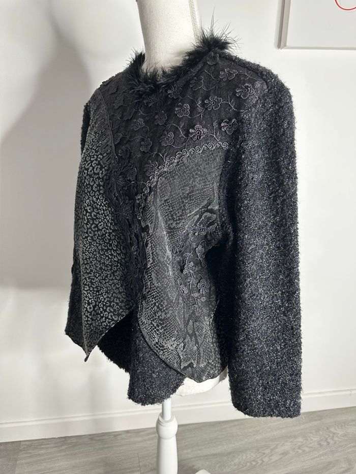 Pull patchwork laine noir et argenté Vintage T38 M - photo numéro 6