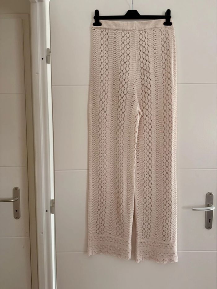 Ensemble maille tricot beige broderie pantalon top sans manches beige crème été coton M L - photo numéro 7