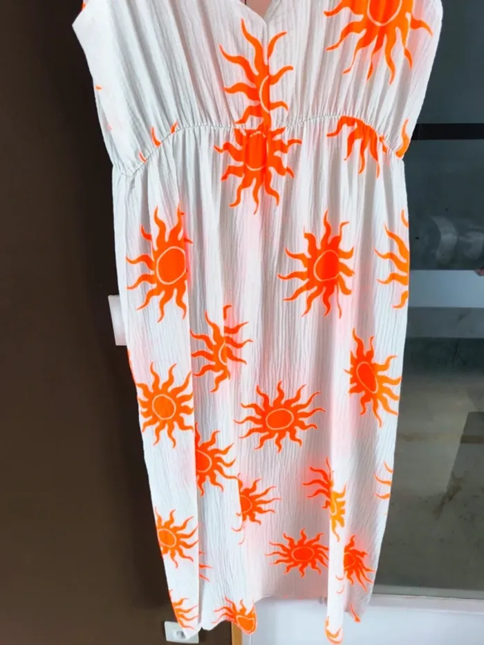Robe longue été blanche et orange gaz de coton imprimé soleil TU 36 à 42 - photo numéro 11