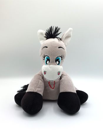 Peluche doudou âne gris Corse blanc noir TEXTISUN Corsica yeux bleux 25 cm assis