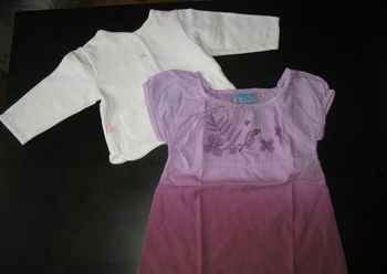 ENSEMBLE 2 PCS BÉBÉ FILLE : ROBE MC MAUVE "DPAM" + GILET BLANC "OBAIBI" - 6 MOIS - n°16