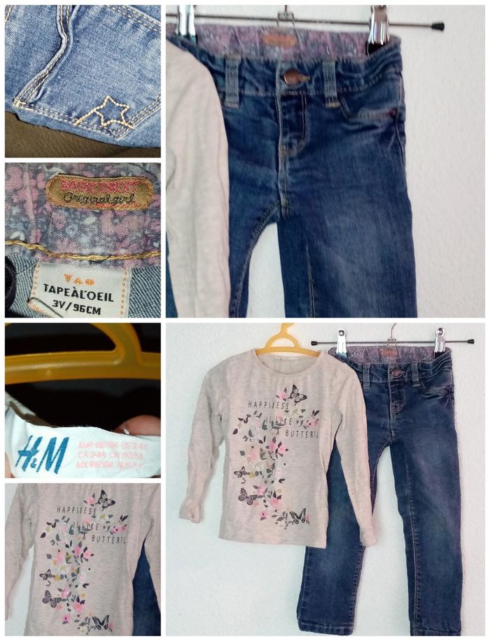 3 ans Ensemble 2 p tao, h&m Tee-shirt fleuri et jean bleu toutes saisons /Excellent état - photo numéro 2