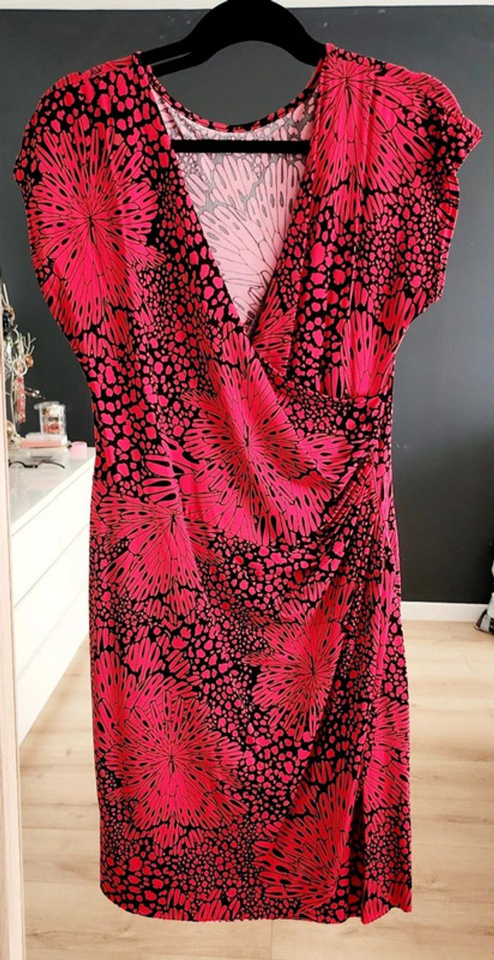 Robe drapée cache-coeur manches courtes noire et rouge taille L Jacqueline Riu - photo numéro 2