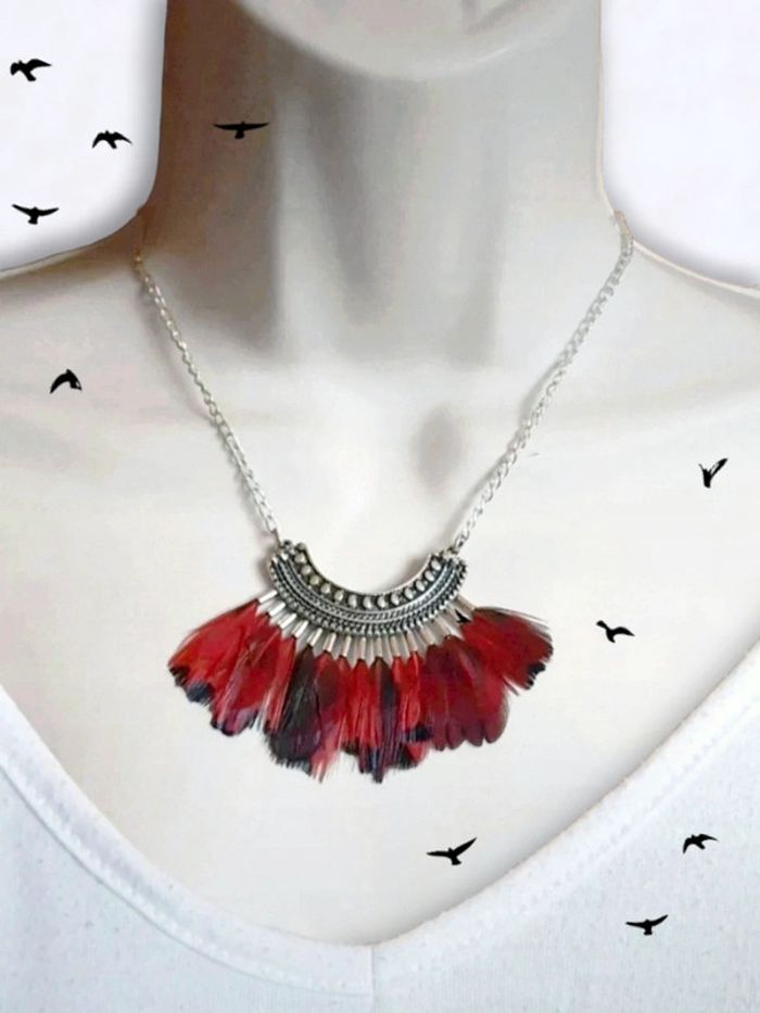Collier ras de cou plastron plume rouge noir argent 🇨🇵 Fabrication Artisanale - 45 cm