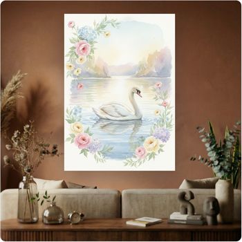 Affiche murale “Cygne Lac Fleuri” illustration nature poétique déco A3 Sans cadre
