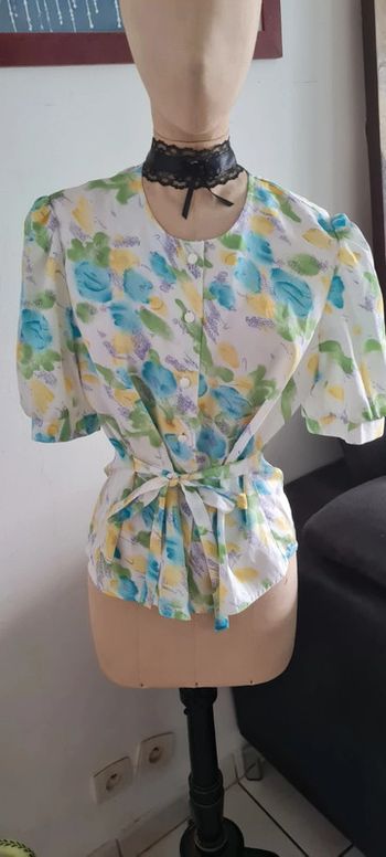 Blouse chemisier épaulettes fleurs vintage 42