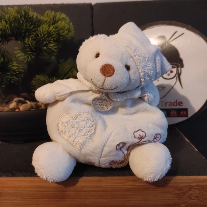 Doudou Et Compagnie Ours Bonnet Nuit Bio Fleur Coton Blanc Boule Peluche Marron #geektradedoudou