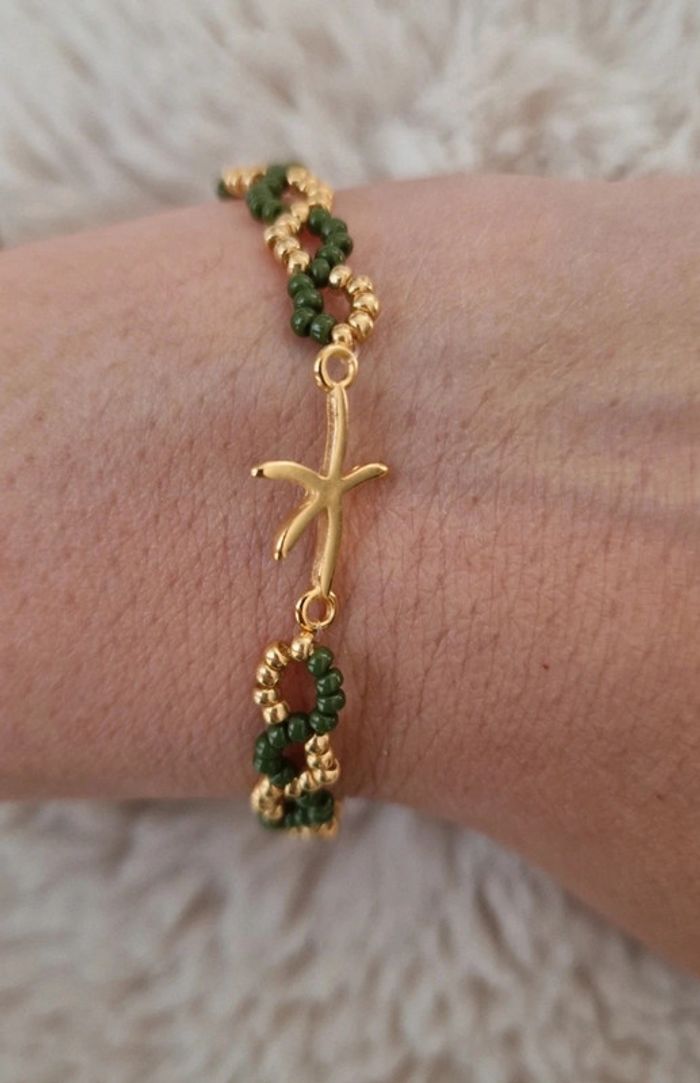 Bracelet thème vacances étoile de mer kaki et doré - photo numéro 3