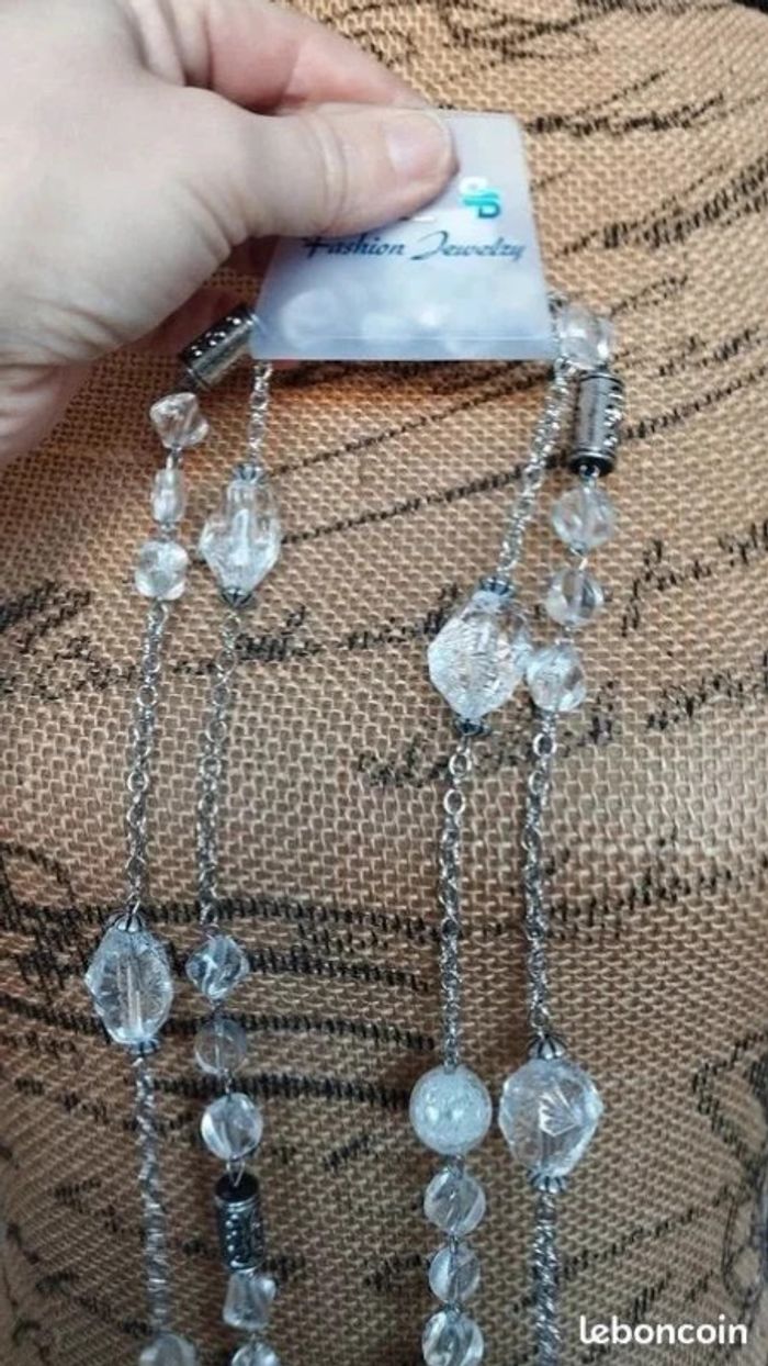 Sautoir collier perles argenté blanc - photo numéro 5