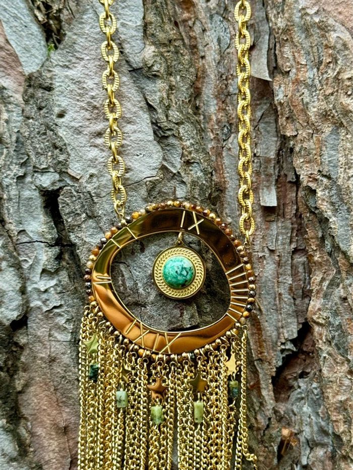 Sautoir habaha Paris acier inoxydable  chaîne  réglable chaises pierres pyrite amazonite dorés - photo numéro 10