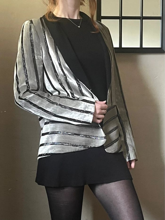 Veste blazer rayures noires et argentées en velours - photo numéro 6