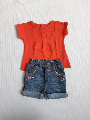 Tenue tee-shirt rouge et short jean 18 mois