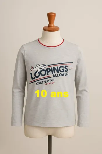 Tee shirt manche longue gris imprimé noir rouge Kiabi Taille 10 ans