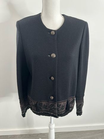 Cardigan blazer en laine vierge noir et marron Devernois Vintage T46 3XL