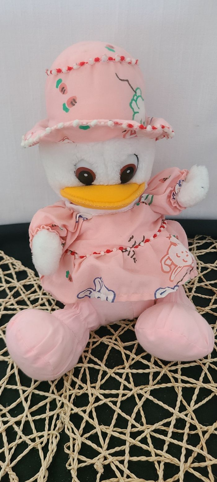 Peluche doudou canard blanc rose robe chapeau vintage Van De Walle - photo numéro 5