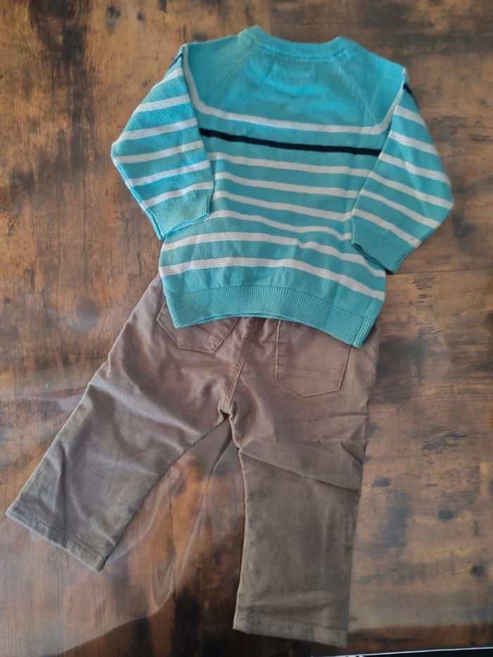 Ensemble garçon 12 mois pull turquoise a rayures blanches et jean gris obaibi - photo numéro 3